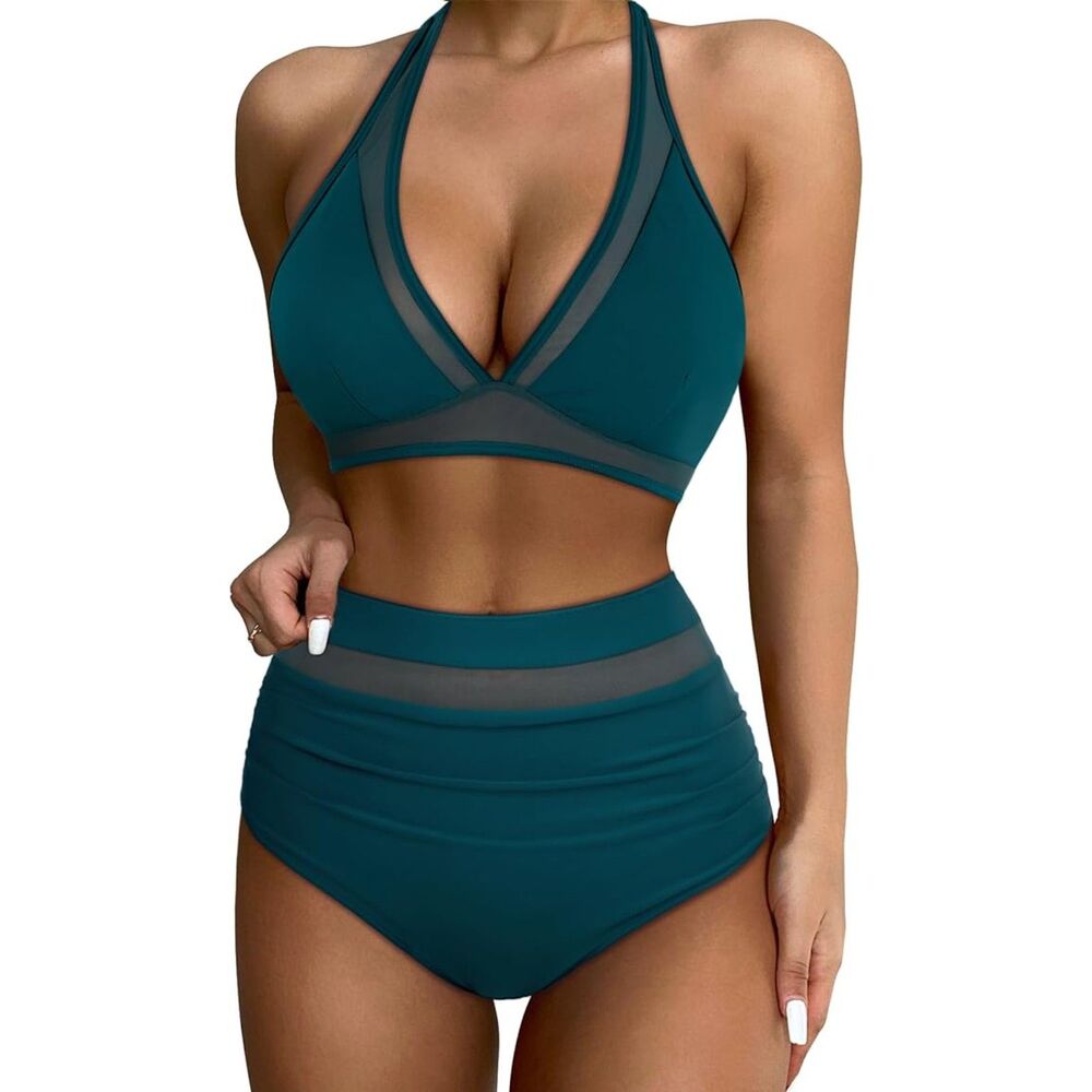 Suuksess Blue Halter High Waist Mesh Bikini Sz M